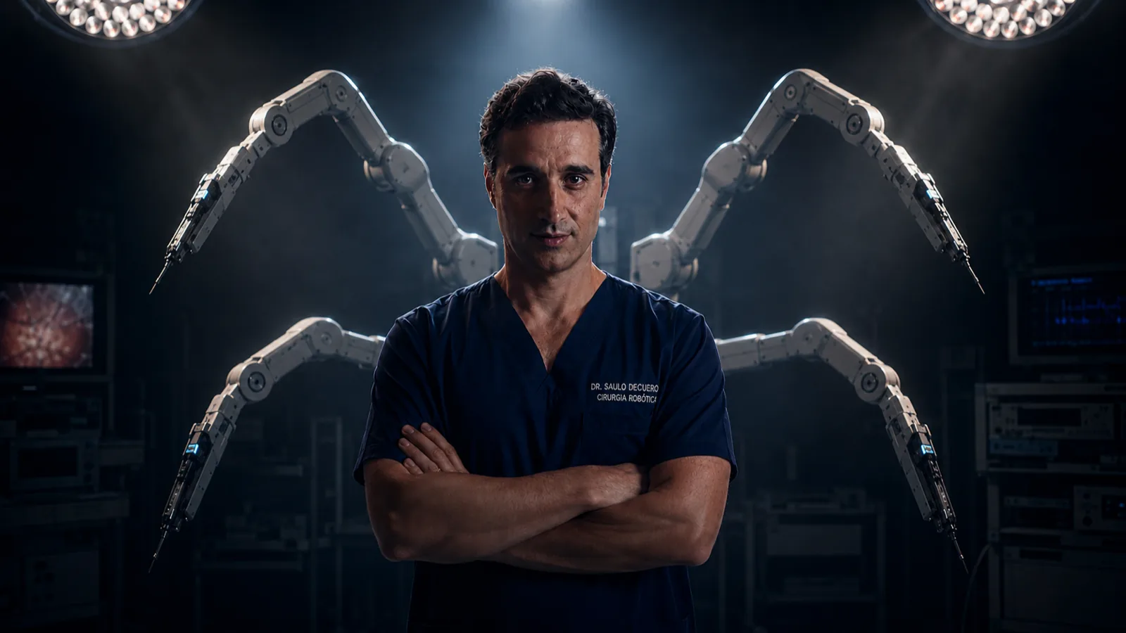 Dr. Saulo Recuero em composição cinematográfica com o robô cirúrgico Da Vinci.